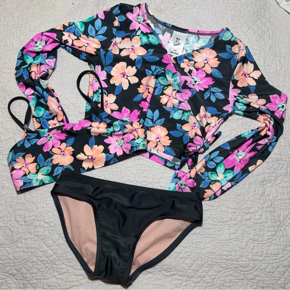 art class Black Floral Swim Set with Pink Peach & Teal Accents Girls M8